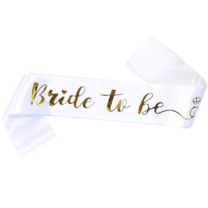 jozlynn bride to be sash bachelorette party white satin sash with gold foil lettering decorations supplies accessories wedding engagement party (1 pcs)