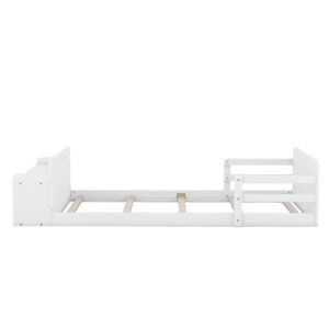 Twin Size Floor Bed with Rails and Storage Bench, Wood Kids Platform Bed Frame with Headboard and Footboard, No Box Spring Needed, White