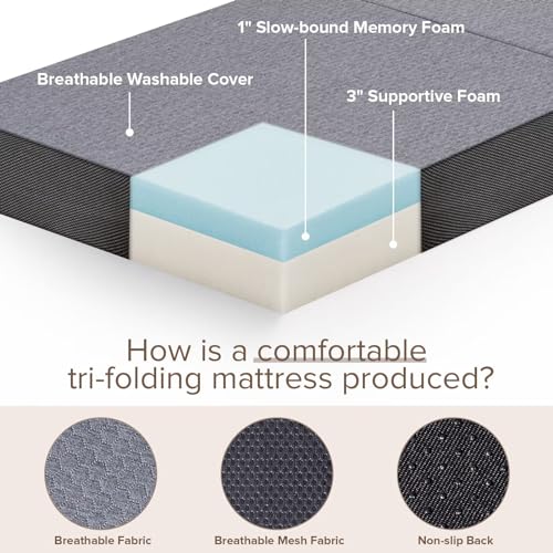 Vamcheer Tri Folding Mattress Single Size - 4 Inch Foldable Mattress for Travel/RV/Camping/Guest Room/Yoga, Tri-fold Memory Foam Mattress with Washable Cover, Handle & Non-Slip Bottom, 75"x25"x4"