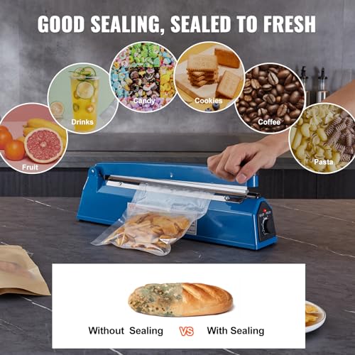 VEVOR Impulse Sealer12inch,Manual Heat Seal Machine with Adjustable Heating Mode,ABS Shrink Wrap Bag Sealers for Plastic Mylar PE PP Bags,Portable Poly Bag Sealing Machine with Extra Replace Kit, Blue