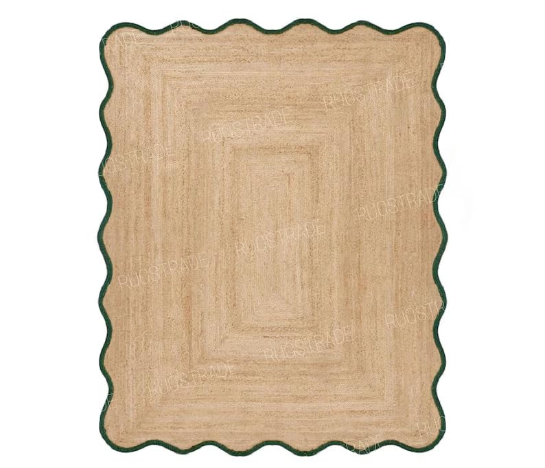 Chouhan International Natural Jute Wave Scalloped Rug Bohemian Rug Decor Rug Handwoven Rug Custom Rug Decorative Rug (Green-6x8 Ft)