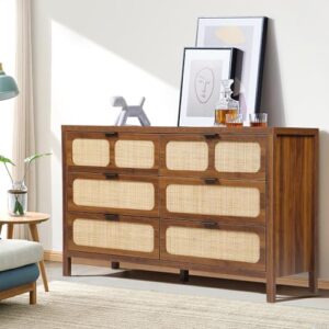 qeiuzon 6 drawer dresser, modern rattan dresser chest with wide drawers and metal handles, farmhouse wood storage chest of drawers for bedroom, living room, entryway (walnut-6 drawers)