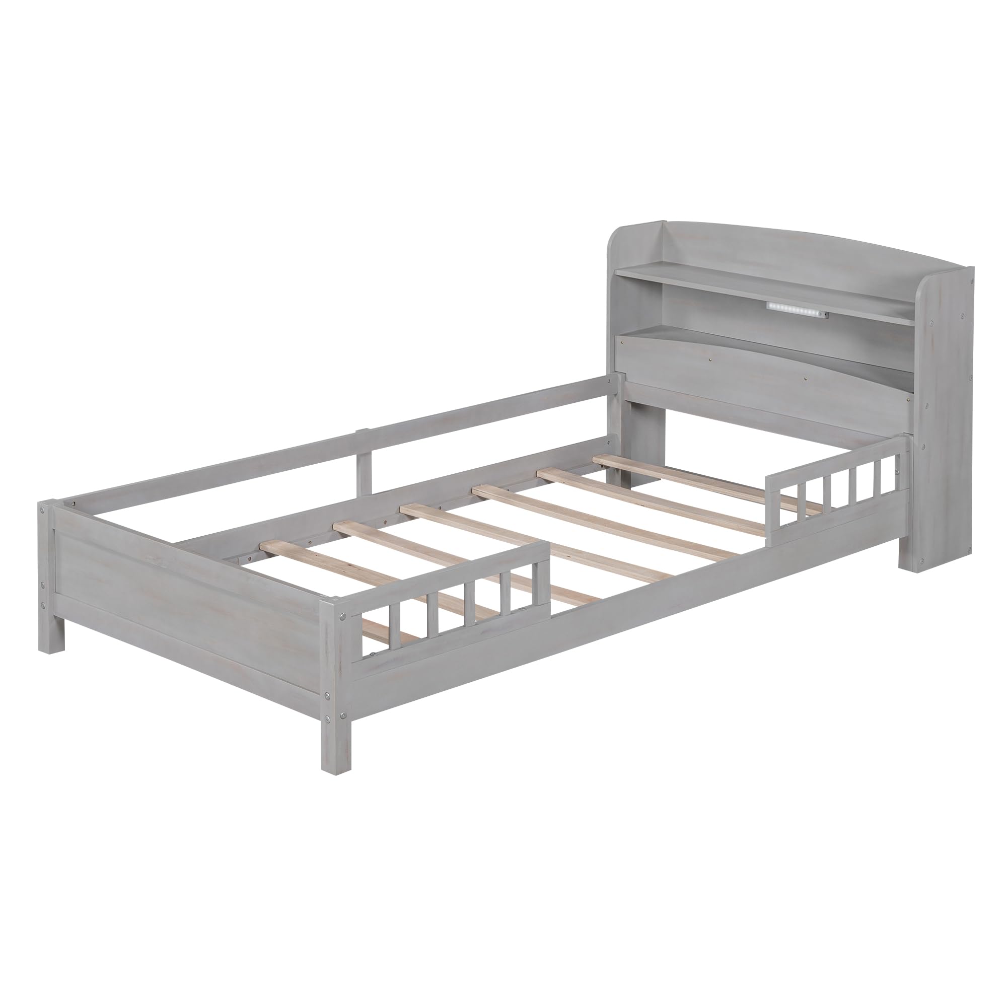 Twin Bed Frame with Storage Headboard and Fence Rails, Wood Low Platform Beds with LED Light and Slat Support for Kids Boys Girls Teens, No Box Spring Needed, Twin Size, Rustic Gray