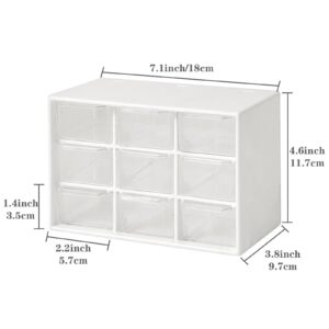 Dafape Mini Storage Drawers, Small 9 Drawers Organizer Bins Stackable Clear Plastic Box for Desk Office Bedroom Kitchen Makeup Jewelries Parts Gadgets Square Trays Desktop Stationary (White)