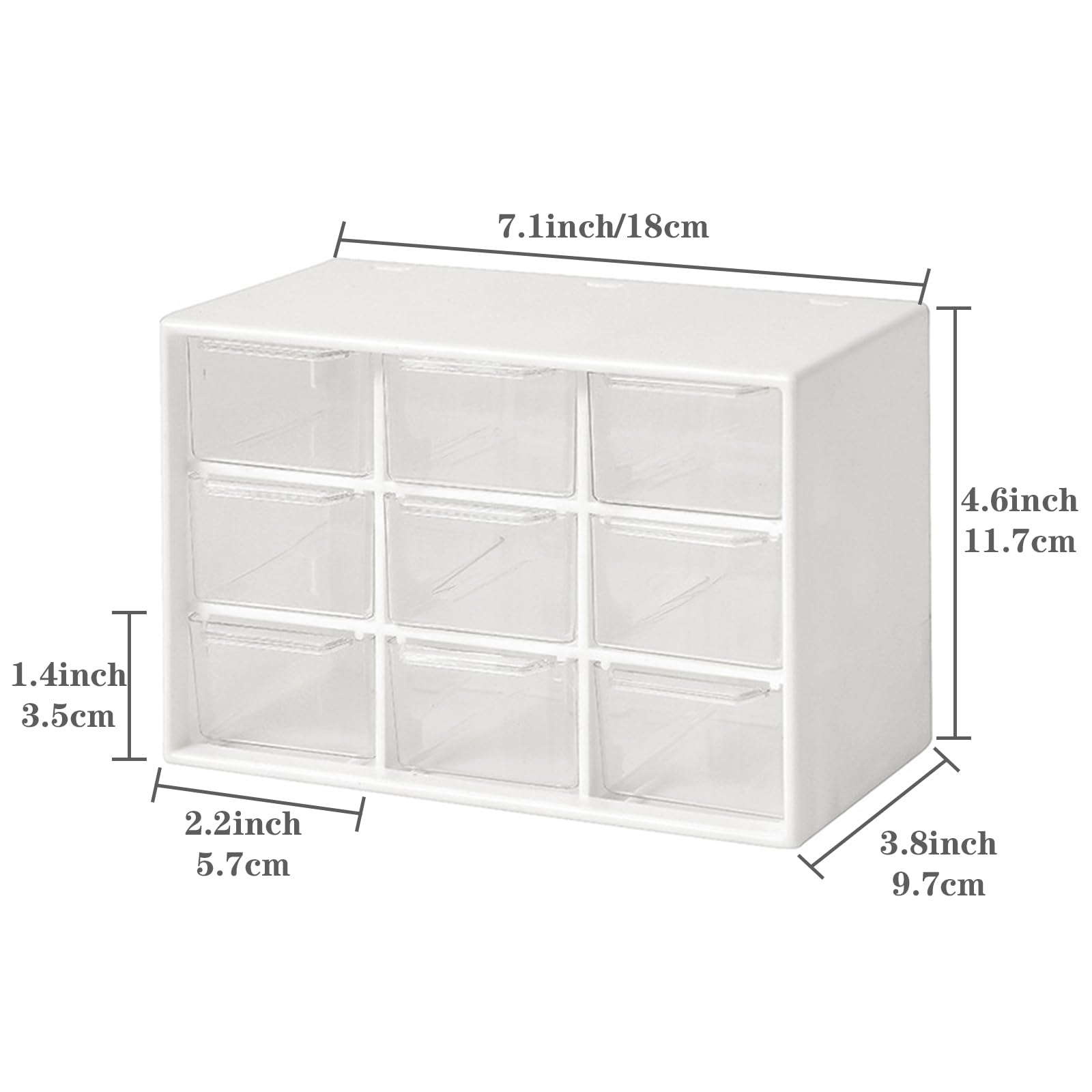 Dafape Mini Storage Drawers, Small 9 Drawers Organizer Bins Stackable Clear Plastic Box for Desk Office Bedroom Kitchen Makeup Jewelries Parts Gadgets Square Trays Desktop Stationary (White)