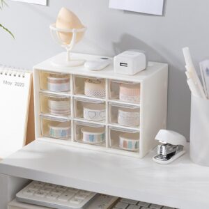 Dafape Mini Storage Drawers, Small 9 Drawers Organizer Bins Stackable Clear Plastic Box for Desk Office Bedroom Kitchen Makeup Jewelries Parts Gadgets Square Trays Desktop Stationary (White)