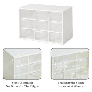 Dafape Mini Storage Drawers, Small 9 Drawers Organizer Bins Stackable Clear Plastic Box for Desk Office Bedroom Kitchen Makeup Jewelries Parts Gadgets Square Trays Desktop Stationary (White)