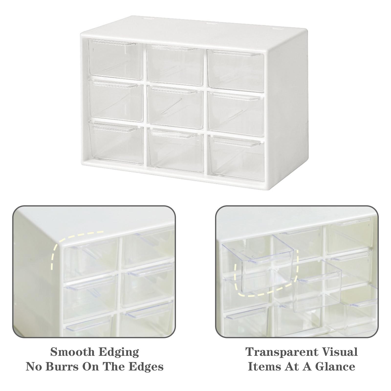 Dafape Mini Storage Drawers, Small 9 Drawers Organizer Bins Stackable Clear Plastic Box for Desk Office Bedroom Kitchen Makeup Jewelries Parts Gadgets Square Trays Desktop Stationary (White)