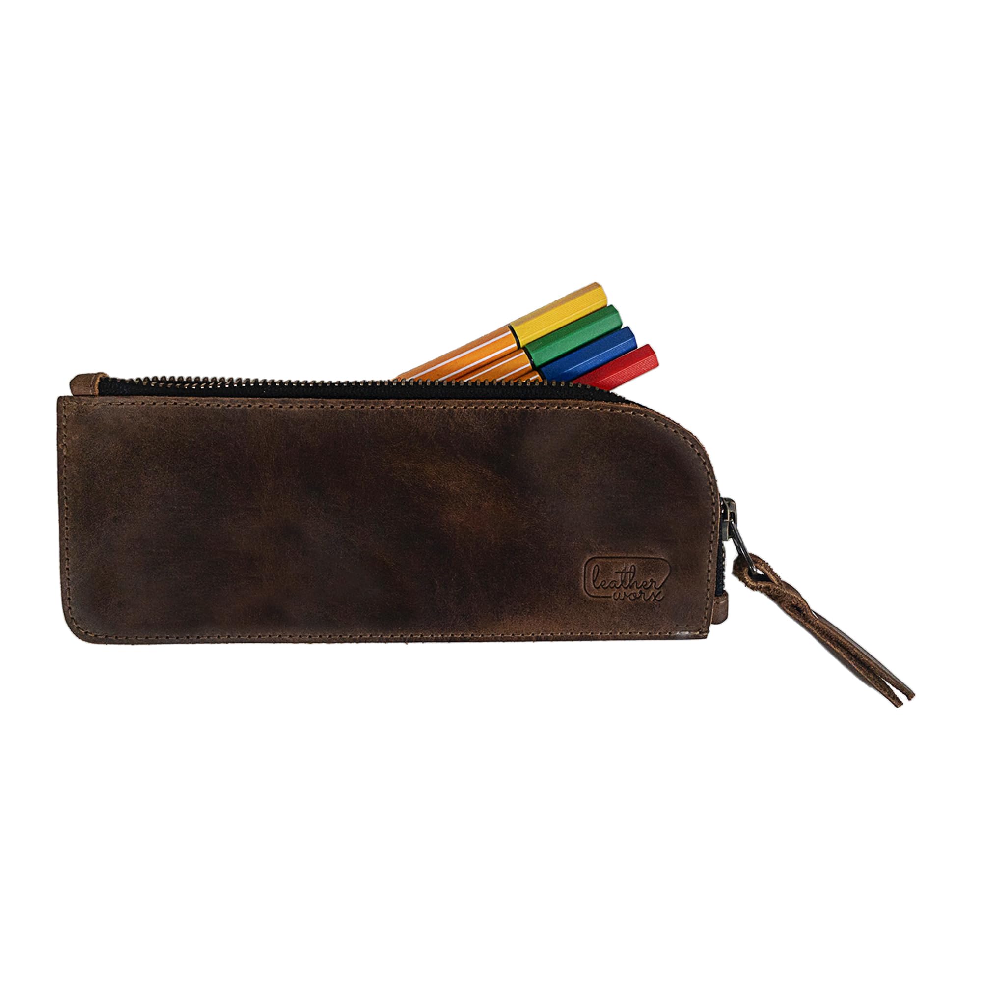 Leather Worx, Full Grain Leather Flat Pencil Pouch, Curved Pen and Marker Case for Men and Women, Zippered Bag for Work & Artists Accessories, Bourbon Brown