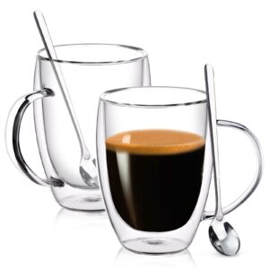 fulgnu double wall glass coffee mugs, 12 oz clear coffee mugs with handle, insulated glass coffee mugs set of 2, perfect for espresso, cappuccino, latte, americano, tea bag, beverage