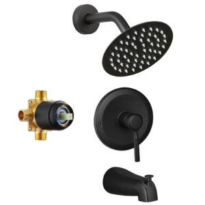 tub shower faucet set valve included with 6-inch rain shower head and tub spout single-handle tub and shower trim kit matte black