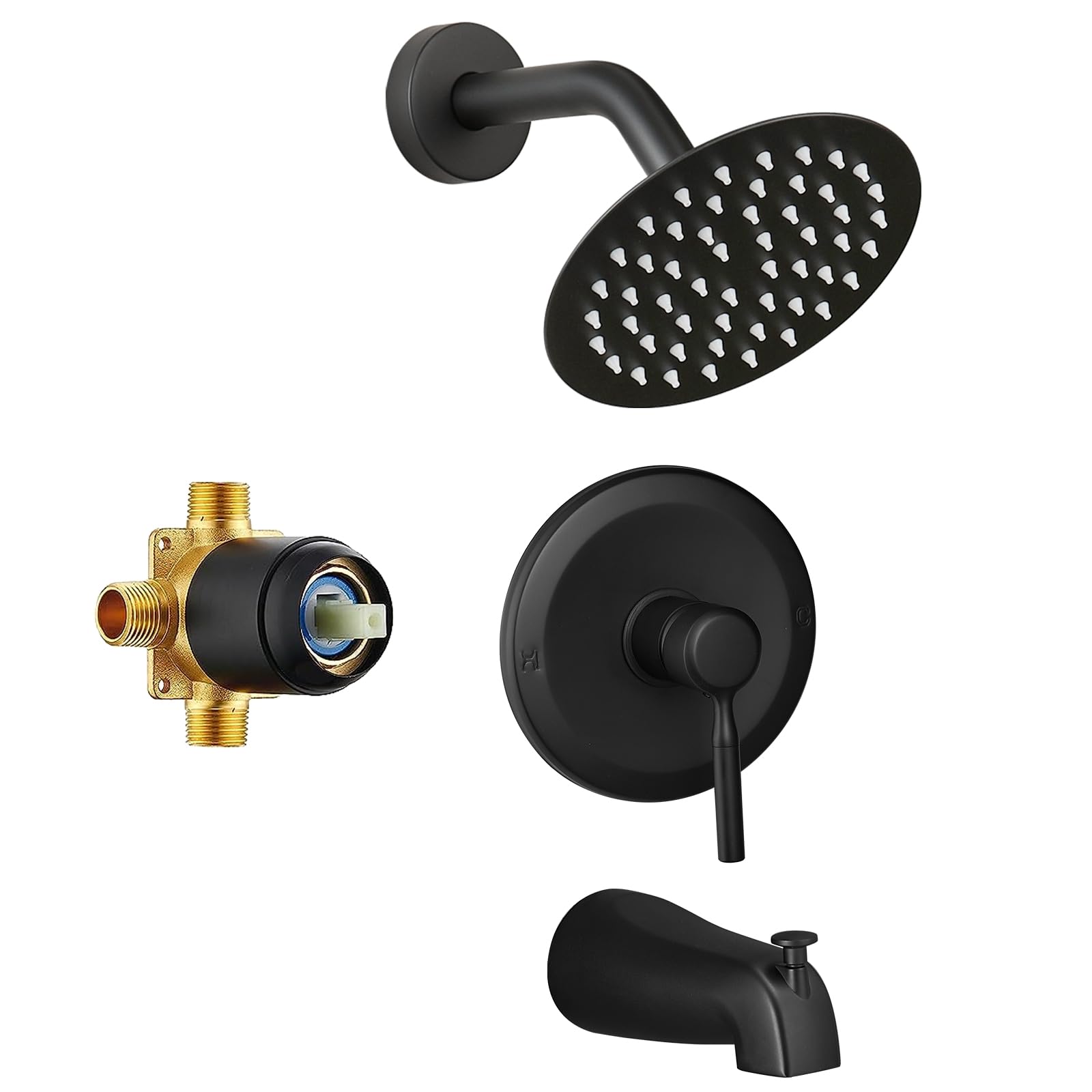 Tub Shower Faucet Set Valve Included with 6-Inch Rain Shower Head and Tub Spout Single-Handle Tub and Shower Trim Kit Matte Black