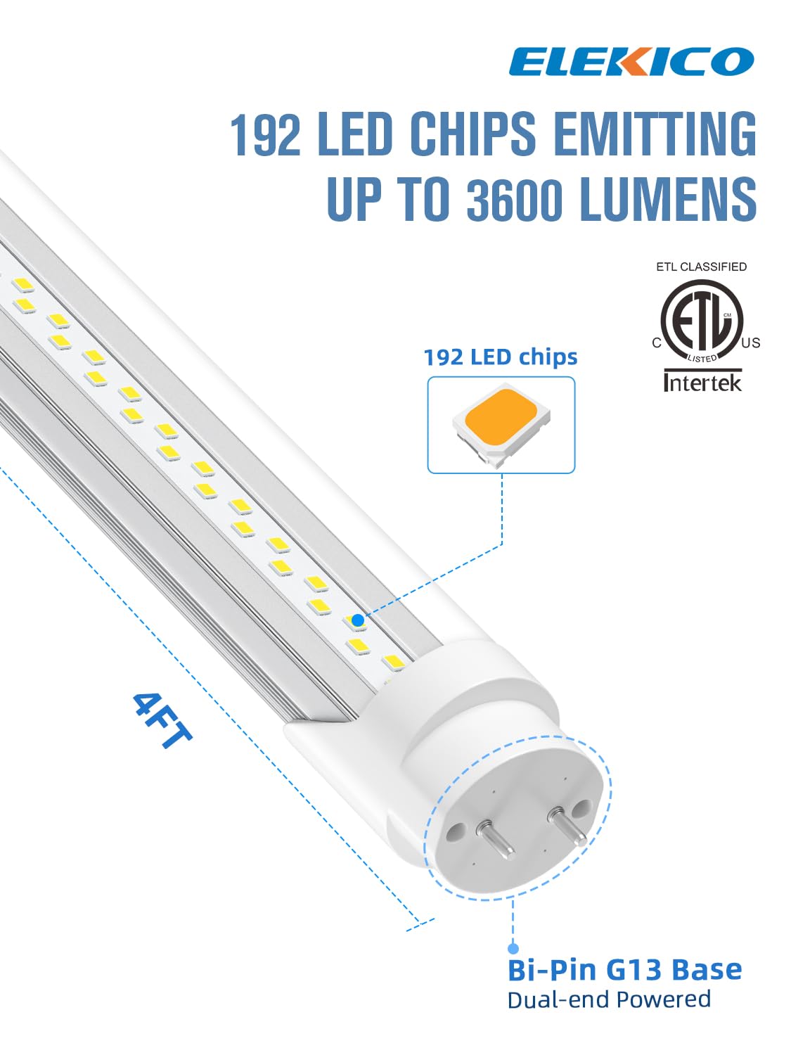 ELEKICO 20-Pack T8 Led Bulbs 4 Foot, 24W 3600LM 6500K Daylight 4' T8 Led Light Bulbs, Ballast Bypass, G13 Base Type B Dual-End Powered 4ft Led Tube Light, Led Replacement for Fluorescent Tubes