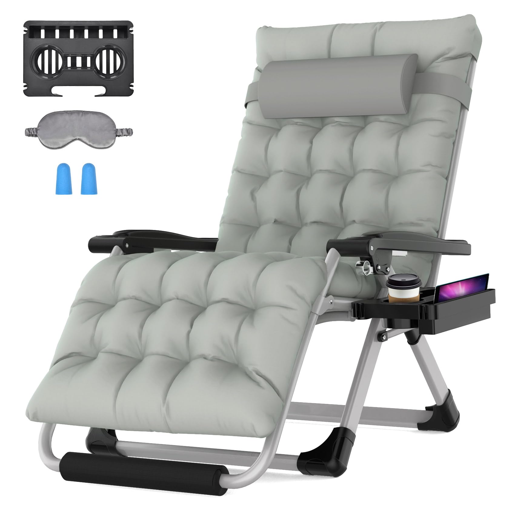 Suteck Oversized Zero Gravity Chair 33In XXL Reclining Camping Chair w/Removable Cushion, Outdoor Lounge Chairs Patio Recliner with Large Cup Holder, Footrest and Padded Headrest, Support 500LBS, Grey