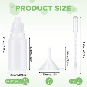 Uiifan 12 Pcs Plastic Squeezable Dropper Bottle Small Empty Liquid Dropper with Screw Cap Portable Eye Dropper Bottle with 2 Funnels 2 Droppers for Eye Drops Oils Saline Essence (White,20ml)