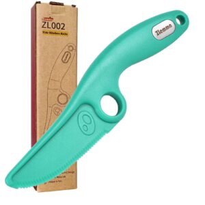 zlemma toddler learning knife with educational ring for real cooking, adorable dog design, safe serrated edge for cutting training, and premium nylon material blade, mint blue