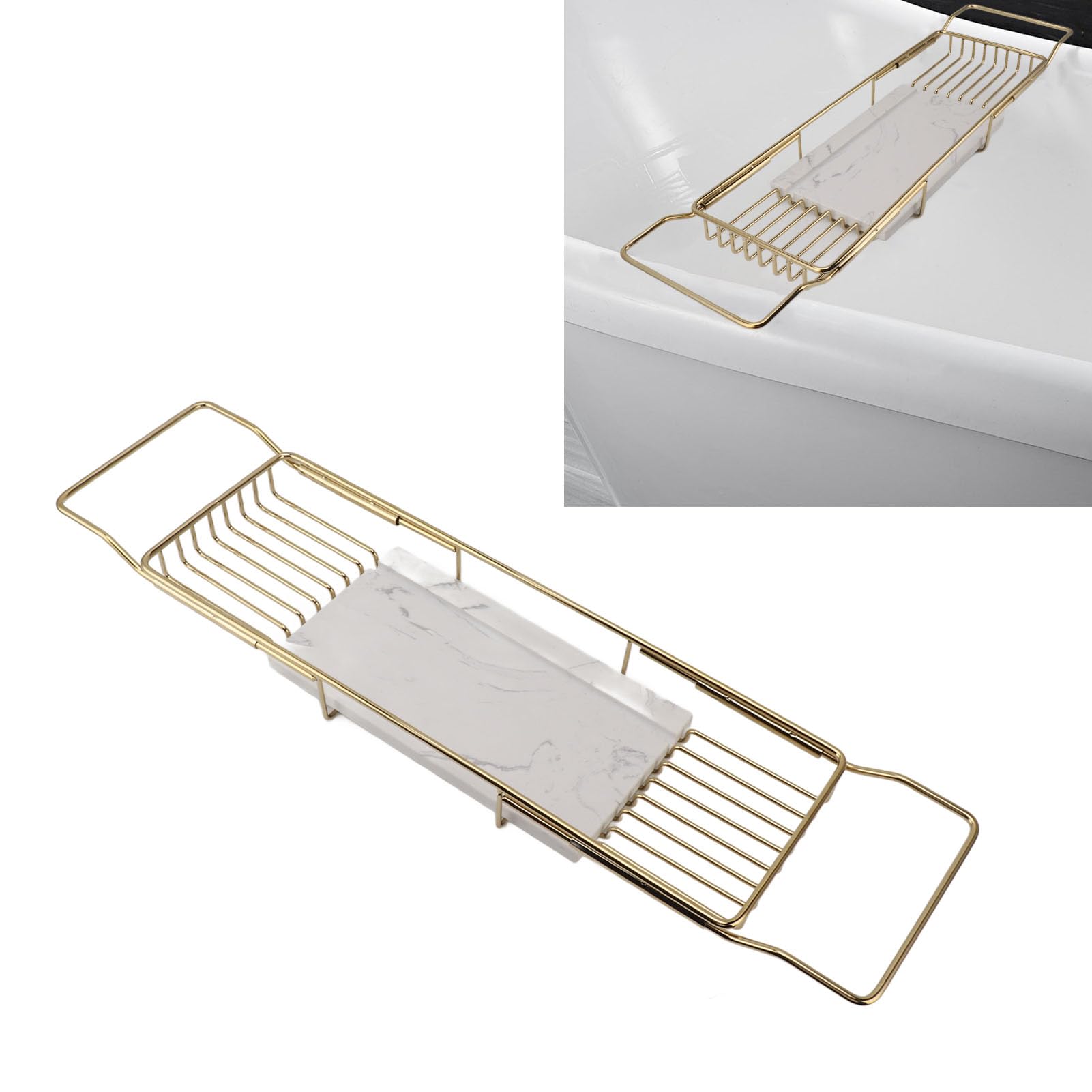 Metal Marble Bathtub Rack, Bathtub Caddy Tray Stainless Steel Shower Caddy Tray with Extending Sides, Bathroom Trays (Gold White)