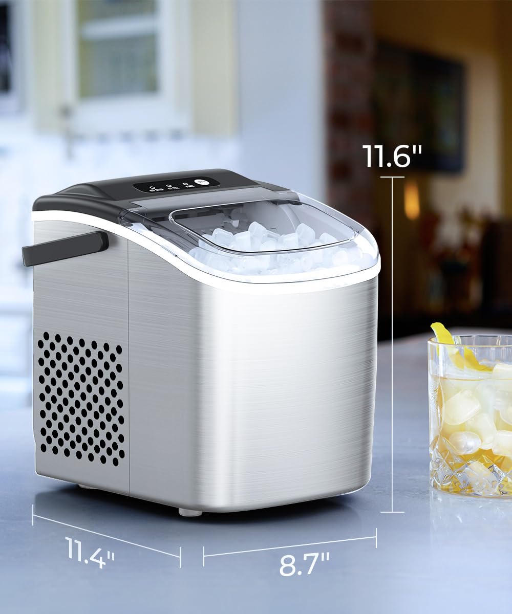 COWSAR Ice Maker Countertop, Stainless Steel Portable Ice Maker Machine with Self-Cleaning, 26.5lbs/24Hrs, 6 Mins/9 Pcs Bullet Ice, Perfectly for Home Use, Gift