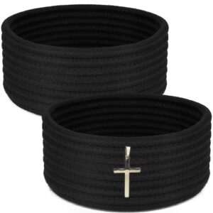 hispqser small woven baskets with cross, odorless cotton rope basket thicken for organizing, decorative round cute baskets for bedroom closet, black, 2-pack