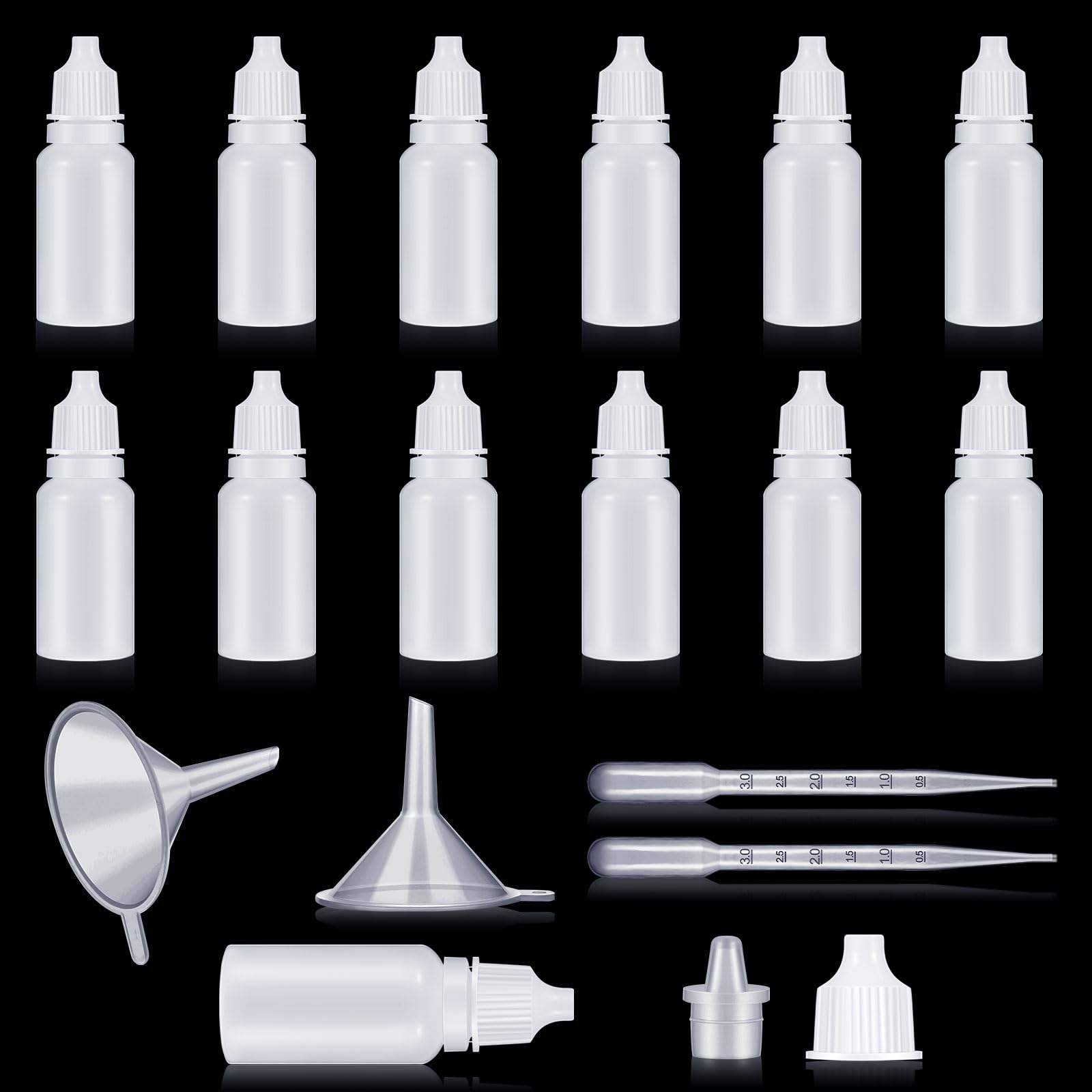 Uiifan 12 Pcs Plastic Squeezable Dropper Bottle Small Empty Liquid Dropper with Screw Cap Portable Eye Dropper Bottle with 2 Funnels 2 Droppers for Eye Drops Oils Saline Essence (White,20ml)