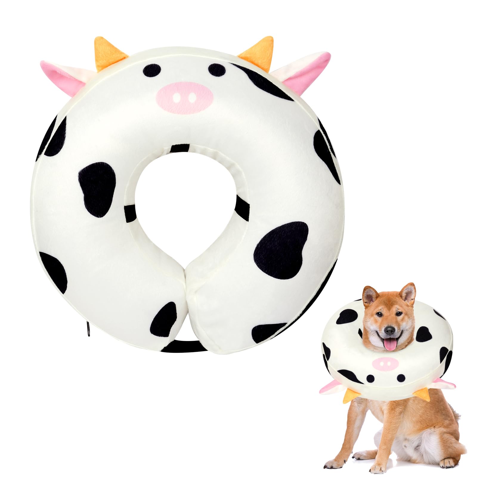 Hkojewp Inflatable Dog Cone Collar, Recovery Dog Cone for Medium Large Dog, Soft Cow Shaped Dog Cone Alternative After Surgery Neck Pillow, Dog Cones Stop to Licking for Dog,Cat(16Inch/40CM)