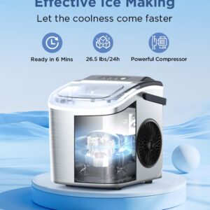 COWSAR Ice Maker Countertop, Stainless Steel Portable Ice Maker Machine with Self-Cleaning, 26.5lbs/24Hrs, 6 Mins/9 Pcs Bullet Ice, Perfectly for Home Use, Gift