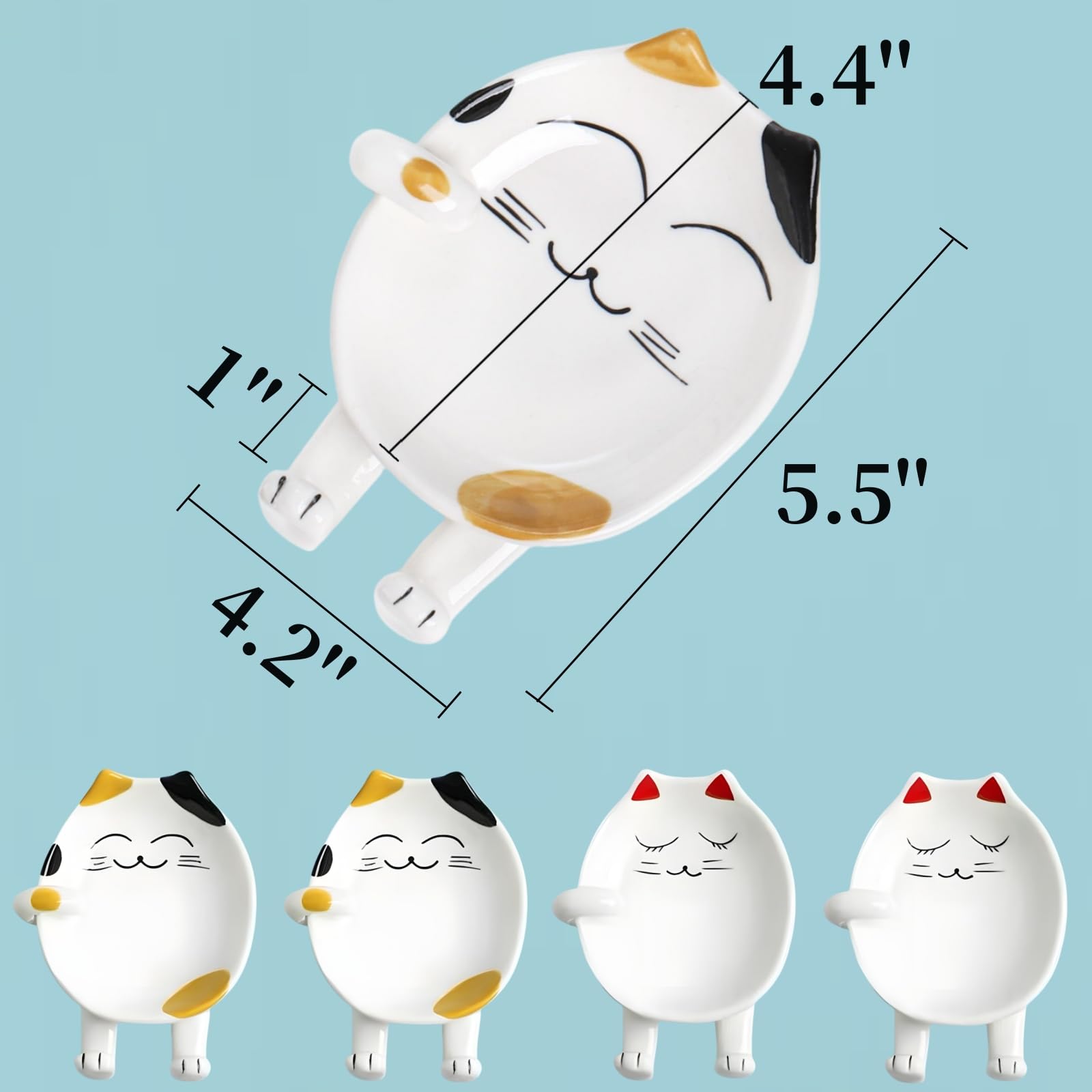 Pumtus 4 Pack Spoon Rest with Lid Holder, 5.5 Inch Cute Cat Ceramic Utensil Rest for Stove Top, Heat Resistant Stable Spatula Rest, Kitchen Accessories for Ladle Pot Lid Chopsticks, Dishwasher Safe