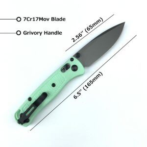 6.5 Inch Manual Open 533 Bugout Pocket Knife, Axis Lock Folding Knife with 2.6 Inch 7Cr17Mov Blade Green Grivory Handle, Folding Pocket Knife with Belt Clip for Camping Hunting