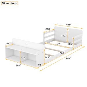 Twin Size Floor Bed with Rails and Storage Bench, Wood Kids Platform Bed Frame with Headboard and Footboard, No Box Spring Needed, White