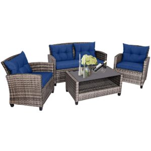 tangkula 4 pcs patio wicker conversation furniture set, outdoor rattan sofa set with padded cushion & tempered glass coffee table, wicker sectional sofas & table for courtyard balcony garden (1, navy)