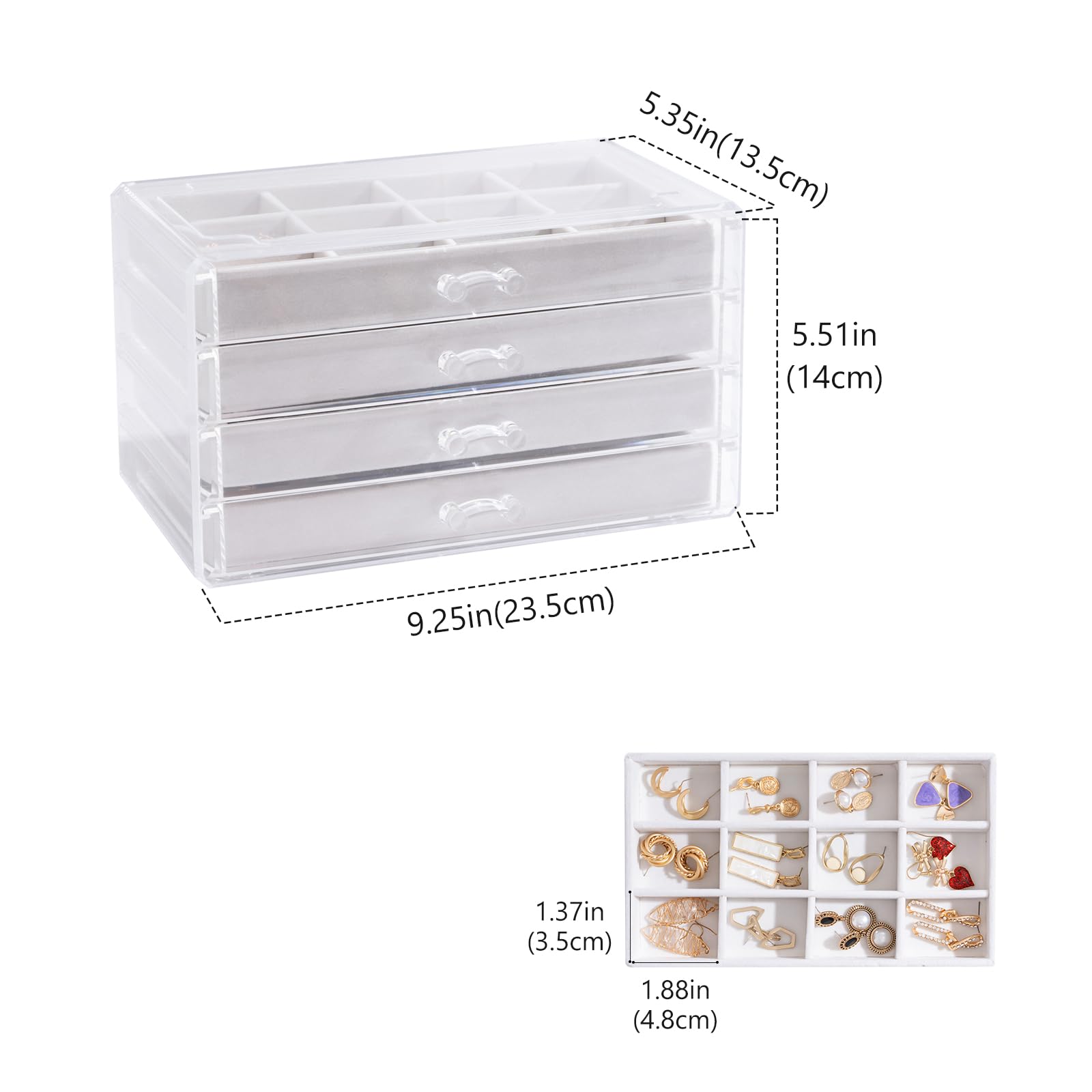 Lolalet Earring Holder Organizer Box Jewelry Storage with 4 Drawers, Clear Acrylic Stackable Earring Case with Adjustable Velvet Trays for Women on Dresser Vanity -Warmwhite, 4 Layers