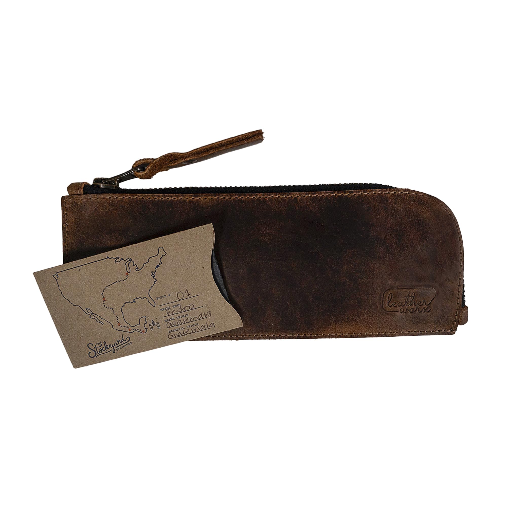 Leather Worx, Full Grain Leather Flat Pencil Pouch, Curved Pen and Marker Case for Men and Women, Zippered Bag for Work & Artists Accessories, Bourbon Brown