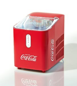 coca-cola automatic ice maker, self- cleaning, countertop size, 26 pounds in 24 hours, 9 large or small ice cubes in 7 minutes, led control panel, scoop included, perfect for water bottles