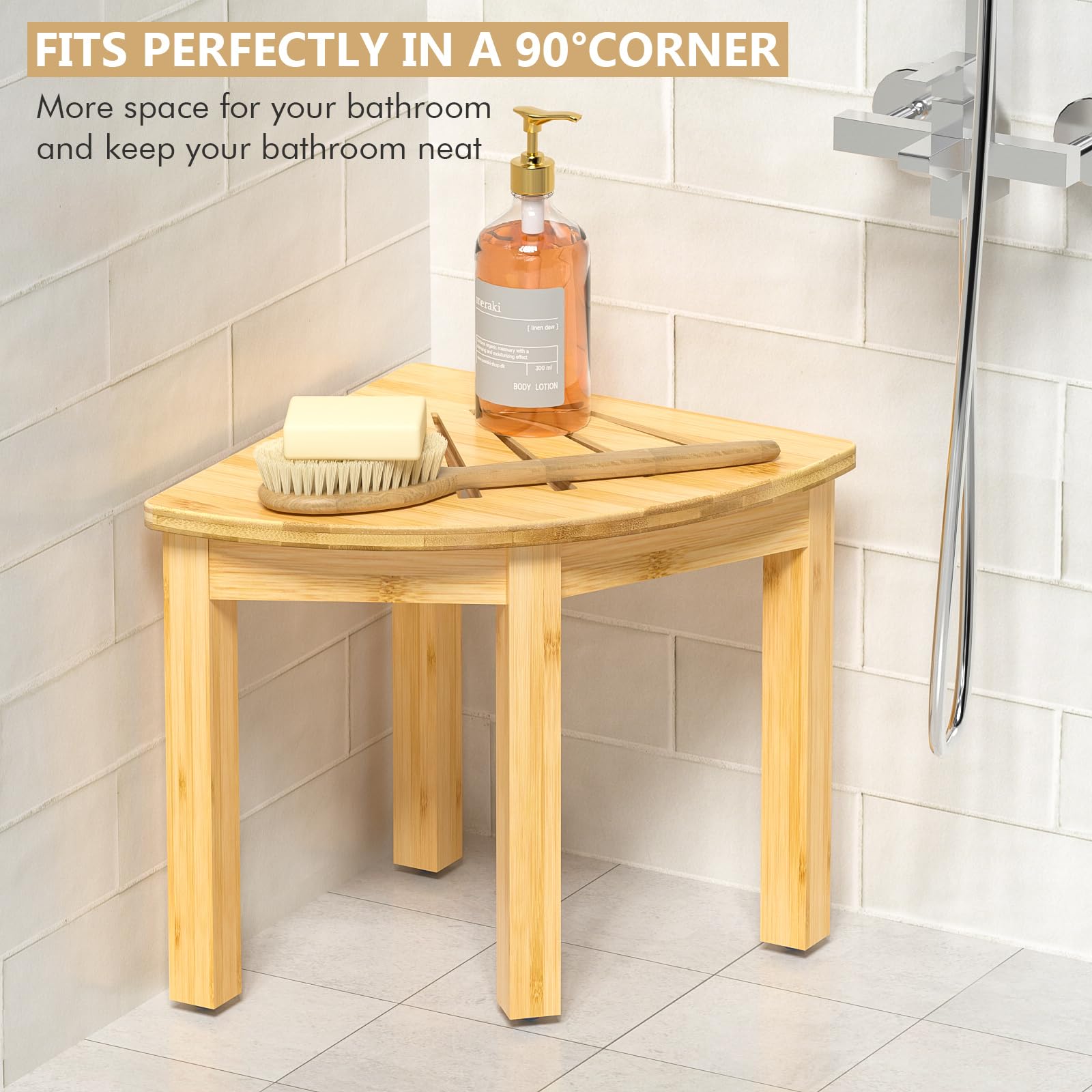 Domax Bamboo Corner Shower Foot Rest - Shower Stool for Shaving Legs 12 inch Non-Slip Waterproof Small Corner Shower Bench for Inside Shower Bathroom Bath Seat Spa Foot Rest Shaving Stool, Natural