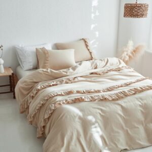 simple&opulence ruffled linen duvet cover set 3pcs with vintage shabby chic multiple frills (1 comforter cover & 2 pillowcases) natural flax cotton blended luxury bedding - linen, queen size