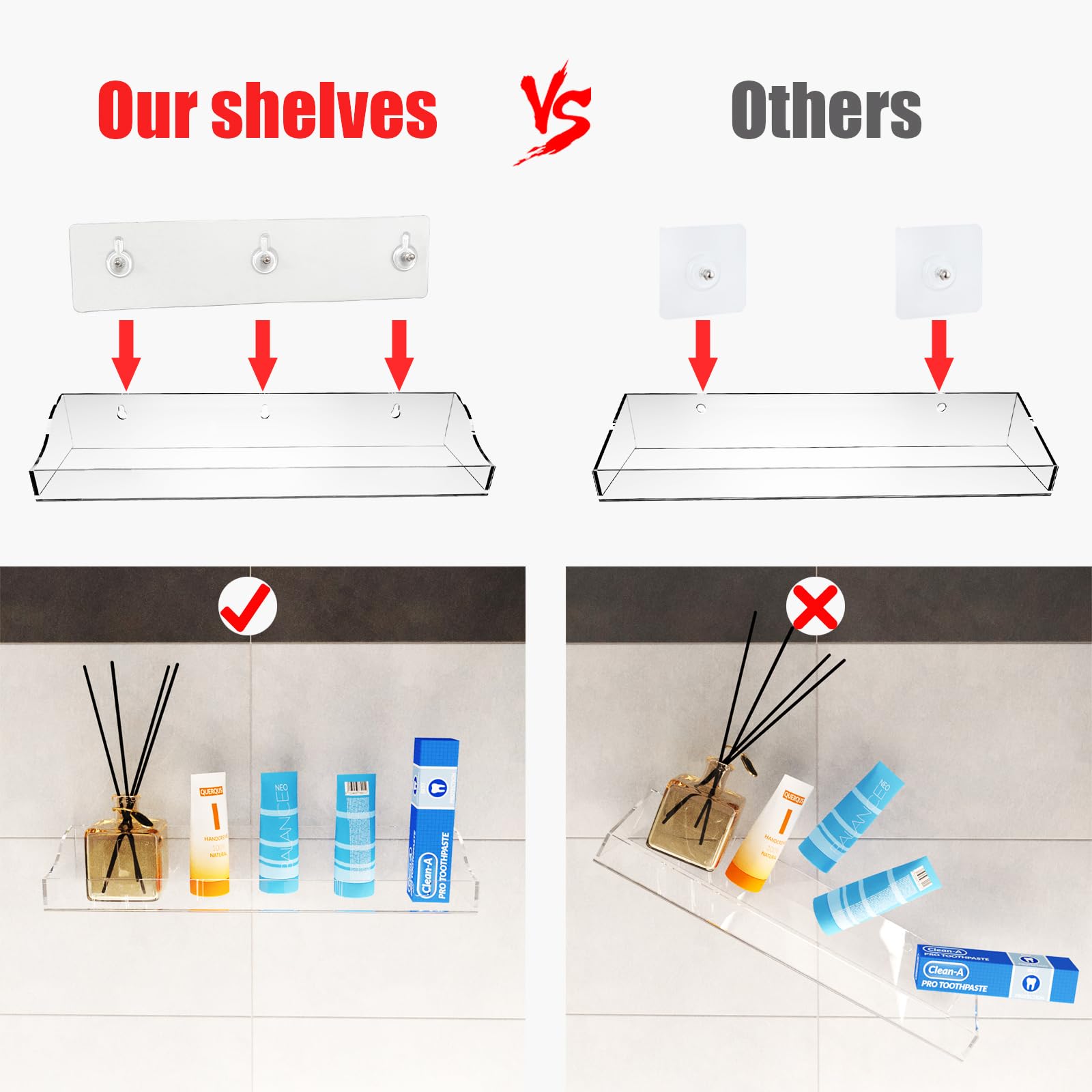 XQIGI Acrylic Bathroom Shelves Adhesive, 2 Pack Self Adhesive Clear Shower Shelves Transparent Floating Shelf Wall Mounted Thick Storage Rv Accessories Display No Drill Organization Decor