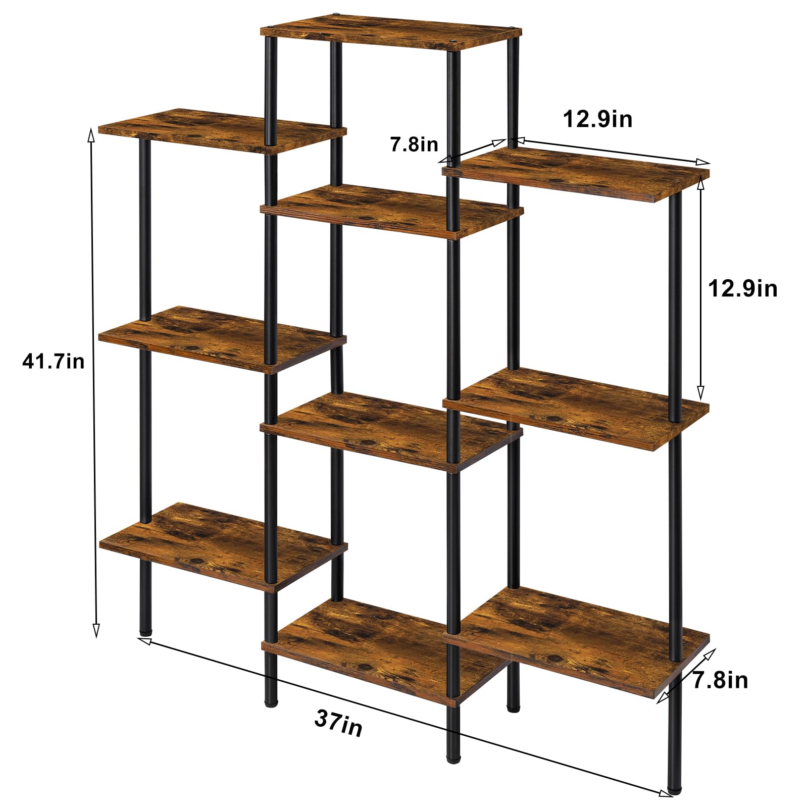 Shinoske 4-Tier Bookshelf,Small Triple Wide Bookcase for Books,CDs,Movies,Display Shelf with 10 Open Shelves for Living Room,Home Office,Balcony,Rustic Brown