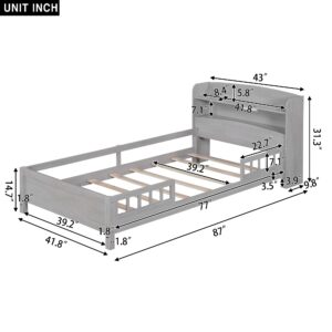 Twin Bed Frame with Storage Headboard and Fence Rails, Wood Low Platform Beds with LED Light and Slat Support for Kids Boys Girls Teens, No Box Spring Needed, Twin Size, Rustic Gray