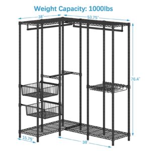 VIPEK L40 Pro L Shape Garment Rack Corner Clothes Rack for Hanging Clothes, Heavy Duty Clothing Rack with 2 Sliding Baskets & 10 Pants Hangers, Freestanding Wardrobe Closet, Max Load 1000lbs, Black