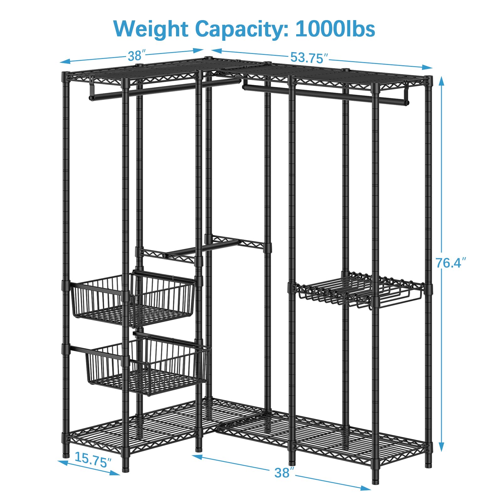 VIPEK L40 Pro L Shape Garment Rack Corner Clothes Rack for Hanging Clothes, Heavy Duty Clothing Rack with 2 Sliding Baskets & 10 Pants Hangers, Freestanding Wardrobe Closet, Max Load 1000lbs, Black