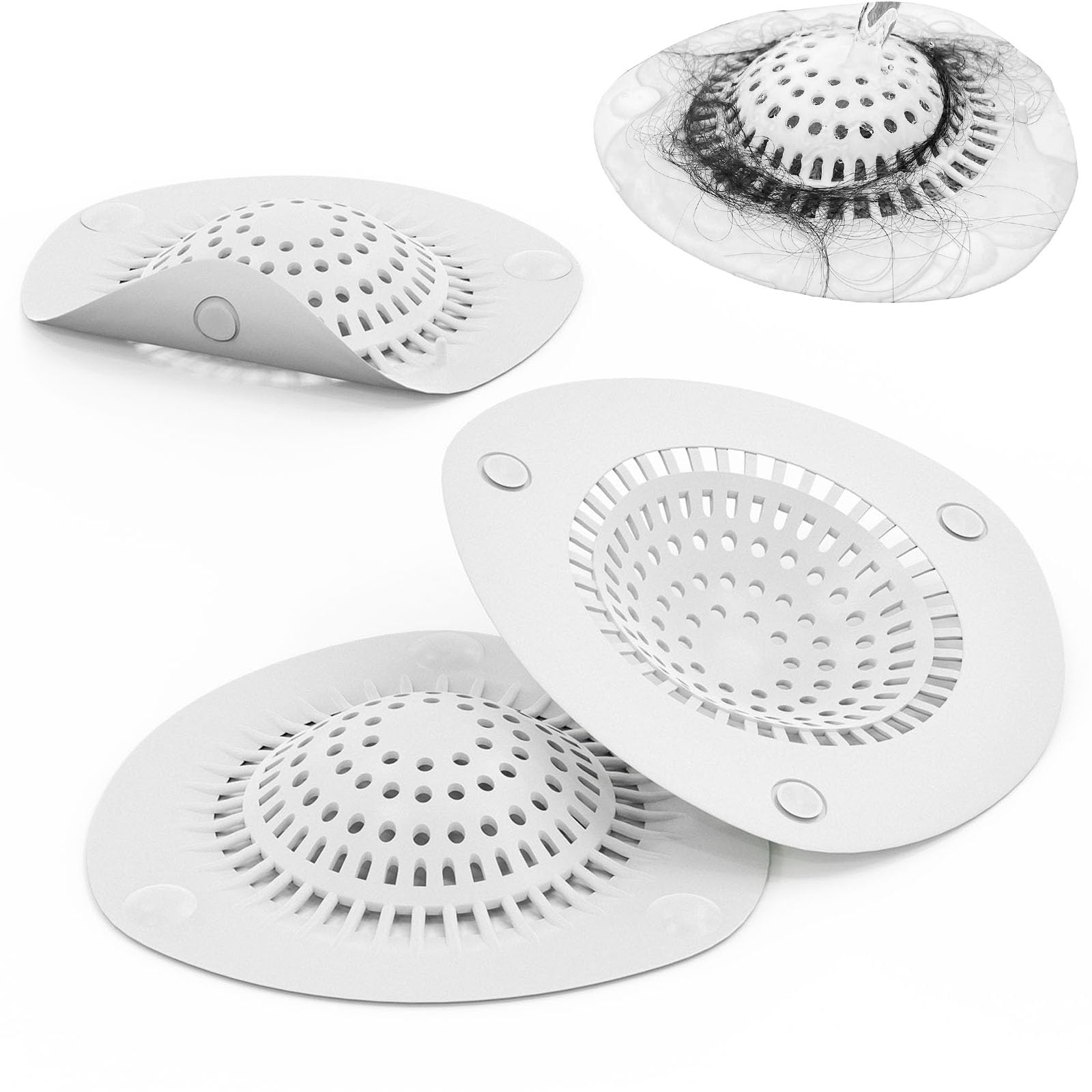 WODETIM Hair Catcher Shower Drain Cover Bathtub Silicone Hair Catcher Stopper Drain Strainers,Home Protectors with Sucker Water Trap Sink Cover for Kitchen Sink Bathroom Tub 3 Pack (White)