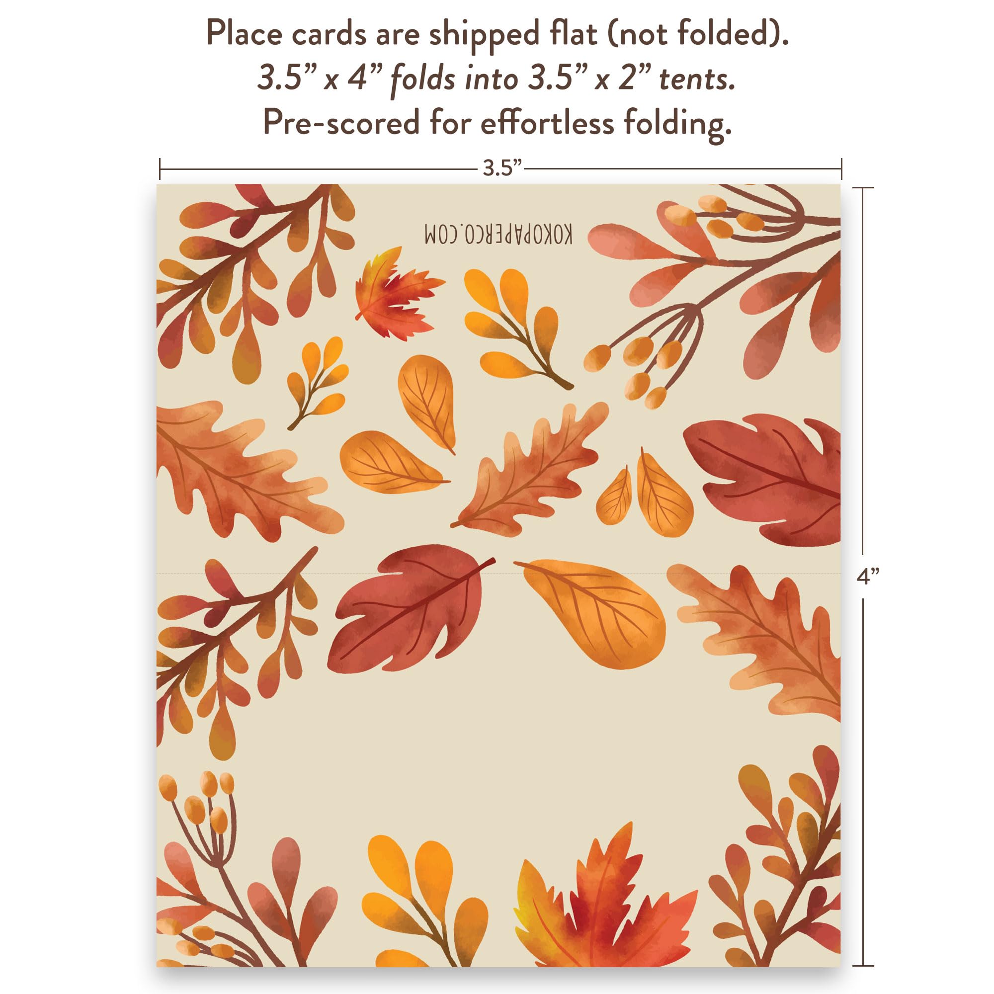 Koko Paper Co Fall Leaves Thanksgiving Table Place Cards | 50 Tent Style Dinner Setting Name Cards | Designed and Made in the U.S.A.