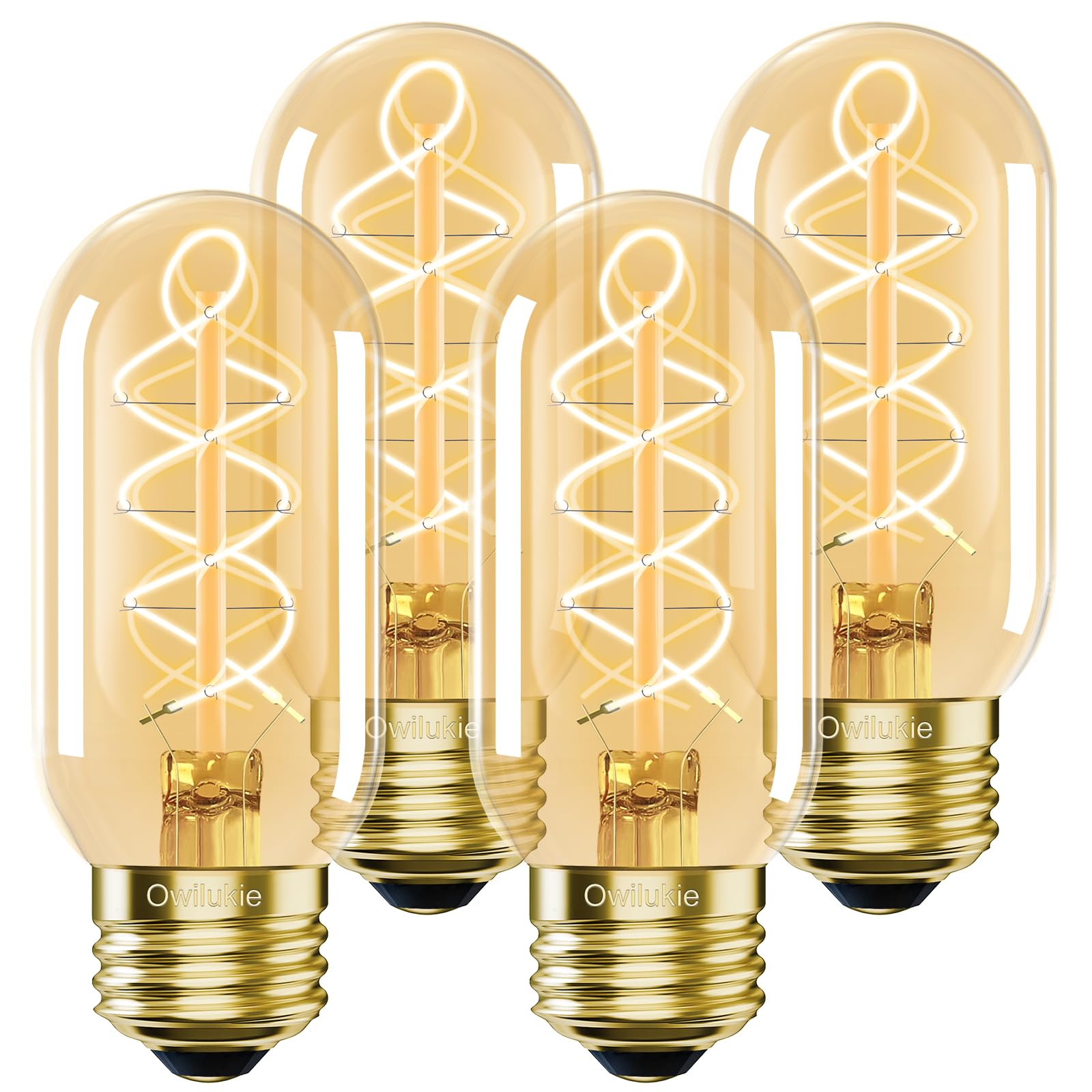 Owilukie E26 LED Bulb 6W Equivalent E26 Bulb 60 watt,Vintage Edison Bulbs,Warm White 2700K Amber E26 Edison Bulb dimmable,Tubular T14 T45 LED Light Bulb,AC120V,500lm,CR90+,Clear Glass,Pack of 4