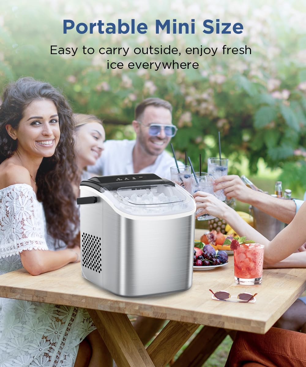 COWSAR Ice Maker Countertop, Stainless Steel Portable Ice Maker Machine with Self-Cleaning, 26.5lbs/24Hrs, 6 Mins/9 Pcs Bullet Ice, Perfectly for Home Use, Gift