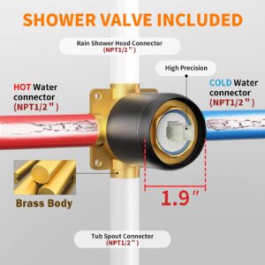 Tub Shower Faucet Set Valve Included with 6-Inch Rain Shower Head and Tub Spout Single-Handle Tub and Shower Trim Kit Matte Black