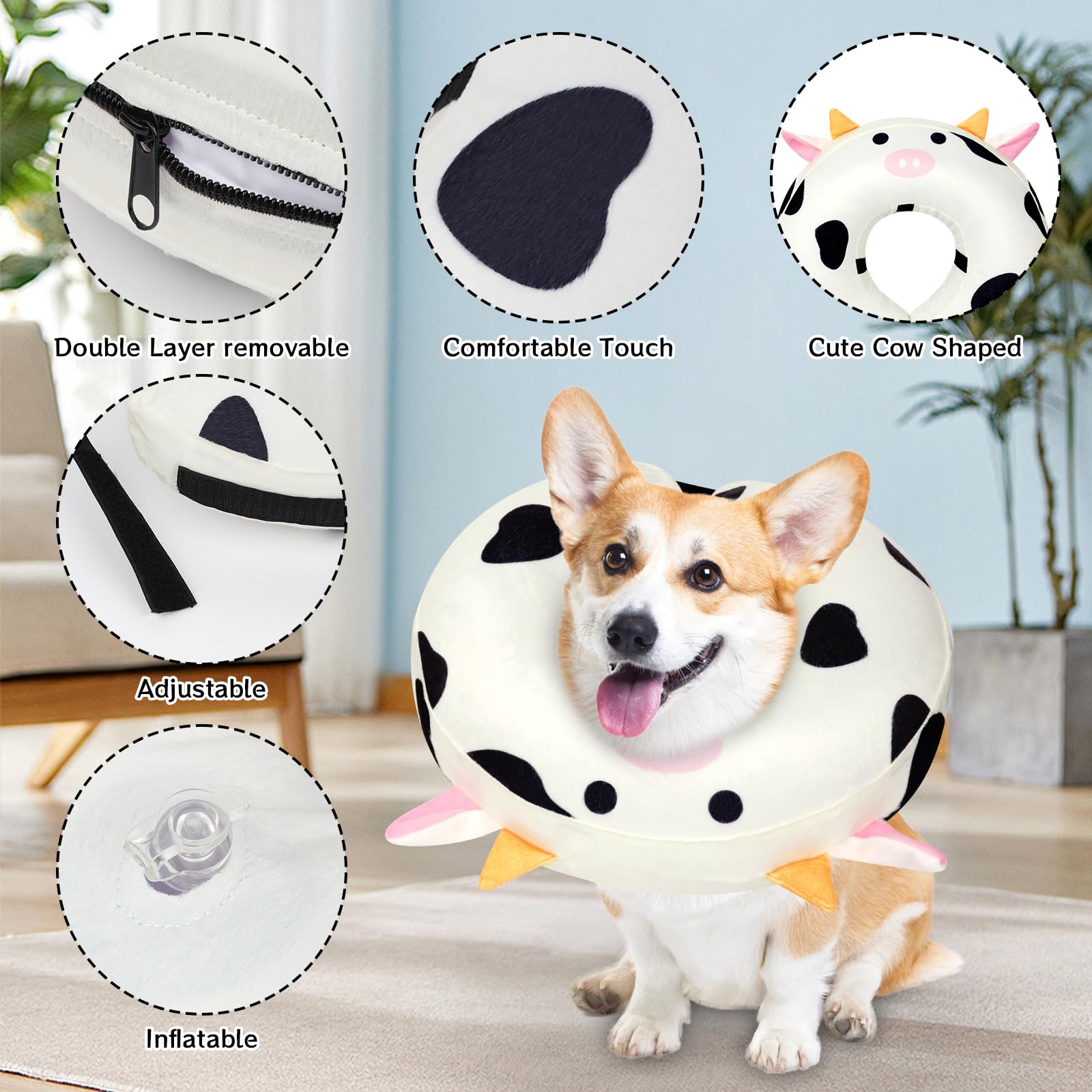 Hkojewp Inflatable Dog Cone Collar, Recovery Dog Cone for Medium Large Dog, Soft Cow Shaped Dog Cone Alternative After Surgery Neck Pillow, Dog Cones Stop to Licking for Dog,Cat(16Inch/40CM)