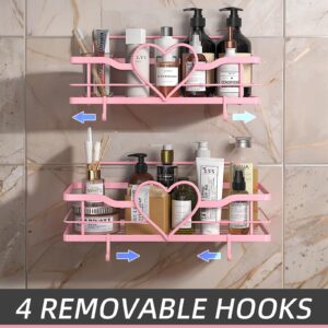 FLCITY Pink Shower Caddy with 4 Removable Hooks, 2 Pack Sweet Heart Shower Shelves,No Drilling Adhesive Organizer Shelf for Bathroom Shower,Kitchen,Bedroom