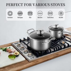 Stainless Steel Pots and Pans 4Pcs Nonstick Pot Set 1.5QT Saucepans&2.6QT Stockpots with Glass Lids, Dishwasher and Oven Safe, Works on Induction and Gas Cooktops