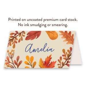 Koko Paper Co Fall Leaves Thanksgiving Table Place Cards | 50 Tent Style Dinner Setting Name Cards | Designed and Made in the U.S.A.