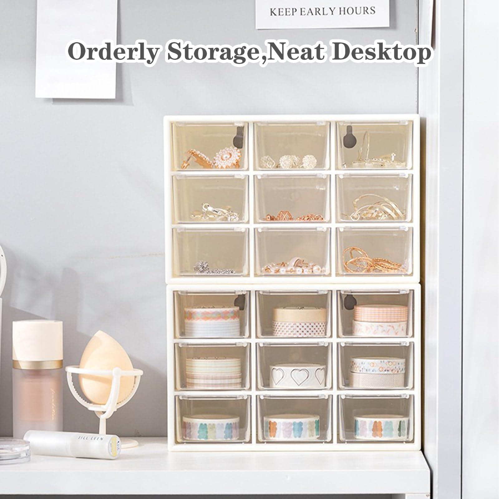 Dafape Mini Storage Drawers, Small 9 Drawers Organizer Bins Stackable Clear Plastic Box for Desk Office Bedroom Kitchen Makeup Jewelries Parts Gadgets Square Trays Desktop Stationary (White)